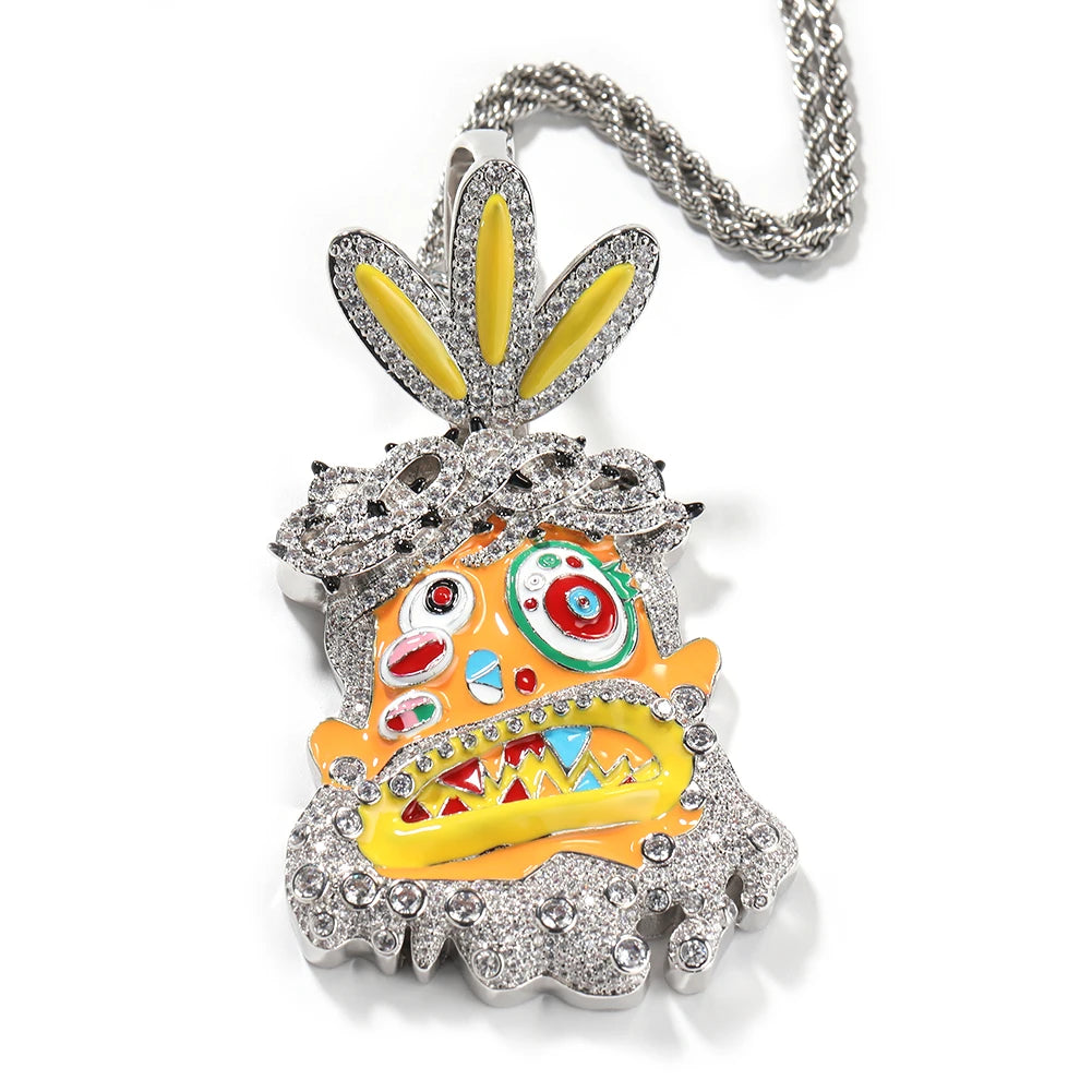 THE BLING KING Travis Scott Hip Hop Anime Enamel Funny Ghost Pendant Necklace Rap Jewelry Colorful Face With Full Cubic Zircon