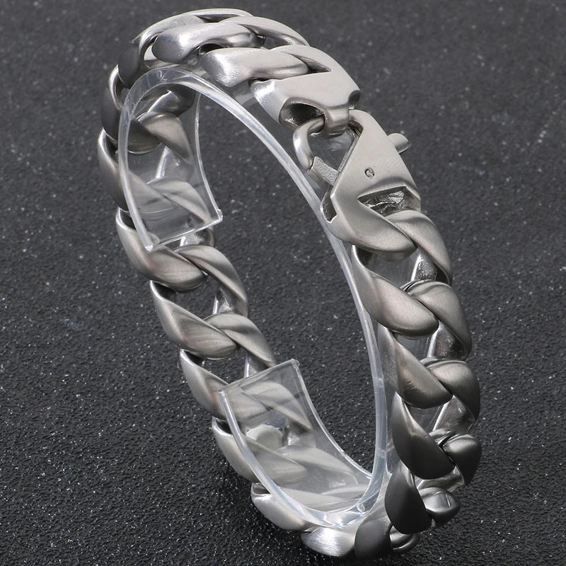 Vintage Black Stainless Steel Bracelet for Man Men's 15MM Wide Curb Link Chain Bracelets Bangles Armband Jewelry
