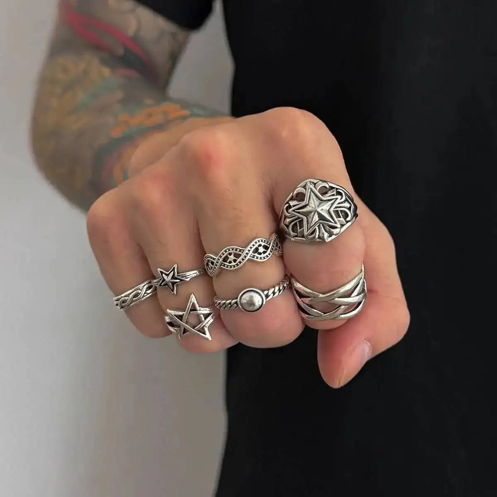 KunJoe 7 Pcs/Set Hip Hop Irregular Star Open Rings for Men New Punk Geometric Pentagram Adjustable Ring Male Jewelry
