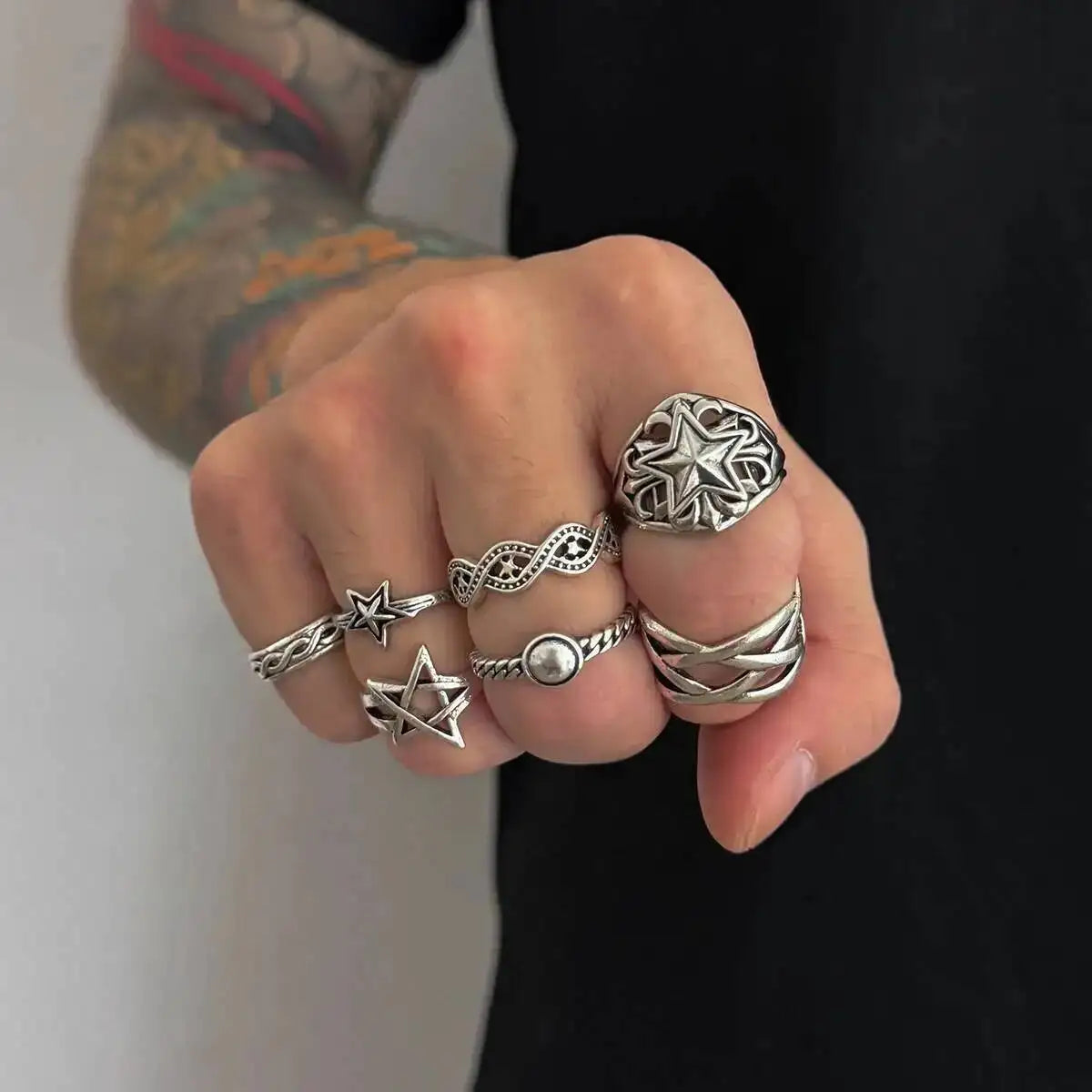 KunJoe 7 Pcs/Set Hip Hop Irregular Star Open Rings for Men New Punk Geometric Pentagram Adjustable Ring Male Jewelry