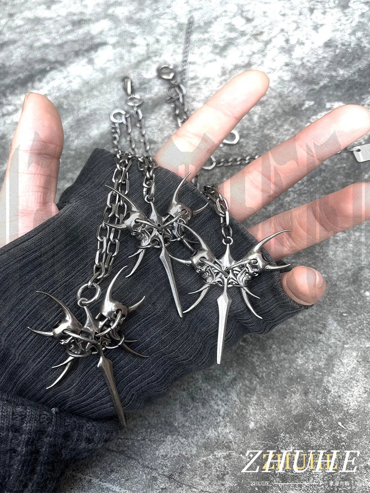 Double Skull Horn Pendant Necklace — Copper