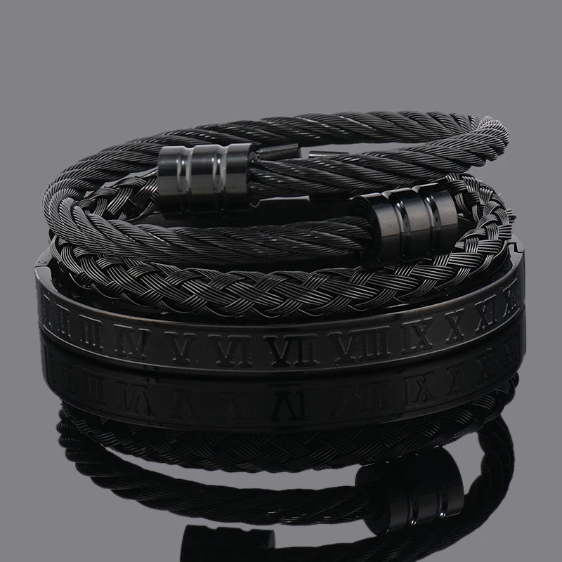 3pcs Luxury Stainless Steel Man Bracelet Set Roman Number Bangles Women Jewelry Couple Gift