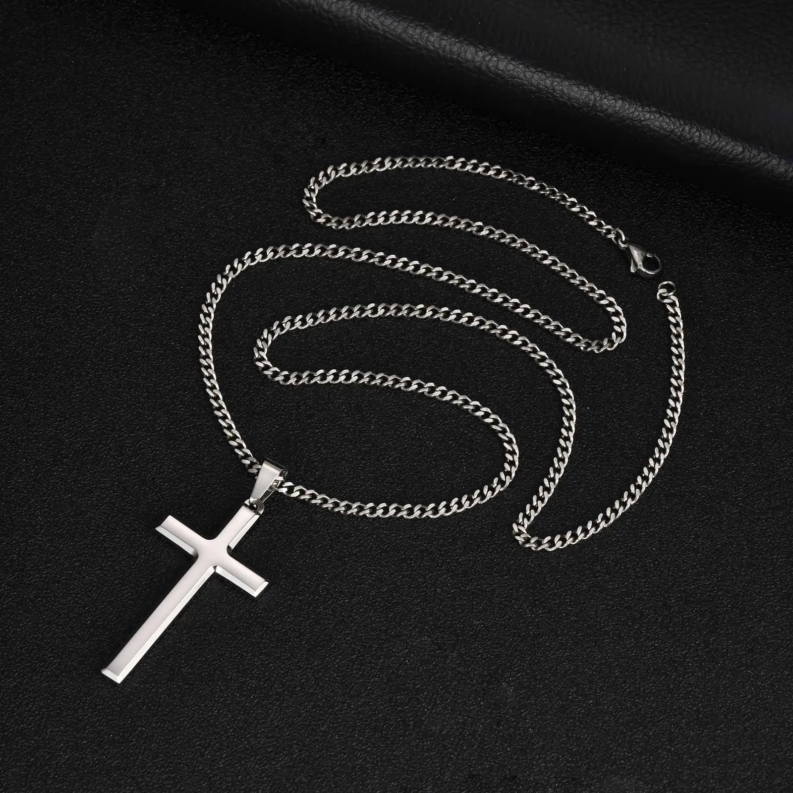 Vnox Gold Black Silver Color Cross Pendant Necklace for Men Women, Stainless Steel Cuban Link Chain, Cross Collar Gift for Him