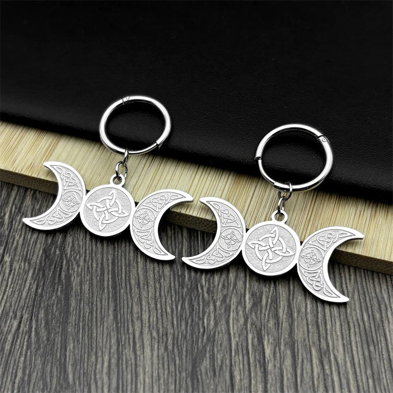 Celtic Steel Earrings Wicca Triple Moon Crescent