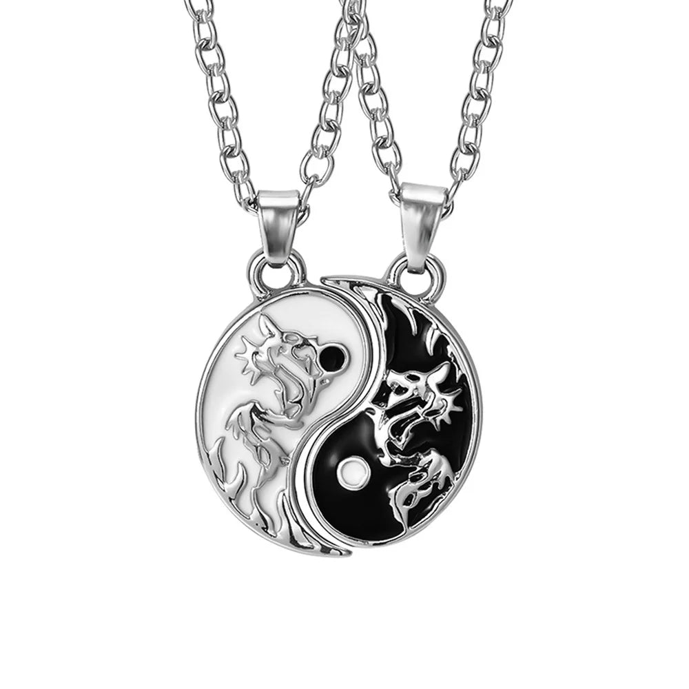 Vintage Sun Moon Tai Chi Necklace for Couple Chinese Style Yin Yang Dragon Pendant Clavicle Chain Best Friends Gift