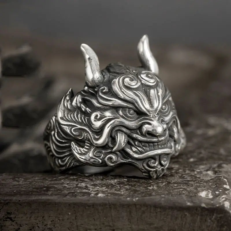 Retro Mahakala Mask Ring For Men Silver Color Punk Gothic Rock Hiphop Adjustable Open Ring Jewelry Biker Accessories