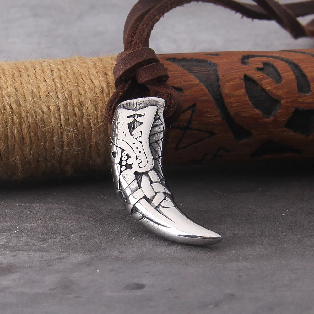 Viking Wolf Tooth Pendant Necklace - Stainless Steel Norse Rune & Celtic Knot, Men's Pagan Jewelry with wood box