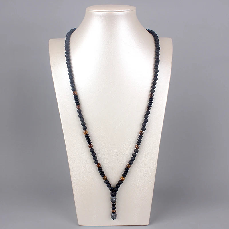 6mm Lava Stone Tiger-eye Beaded Necklace for Men and Women with Buddha Head Pendant