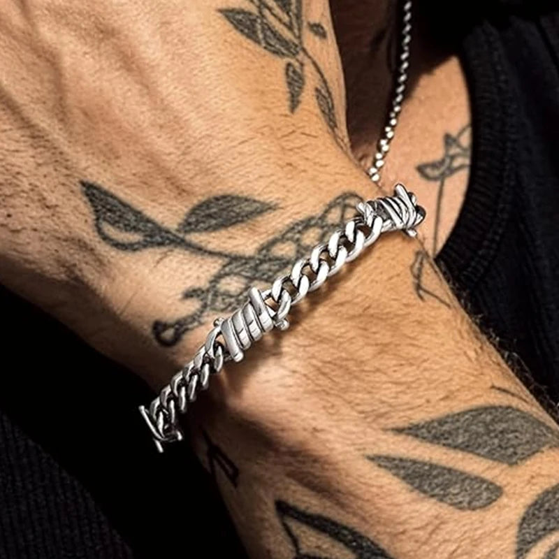 Barbed Wire Cuban Link Stainless Steel Thorn Bracelet Adjustable Punk Emo Style Chain Bracelets For Men Women Fashion