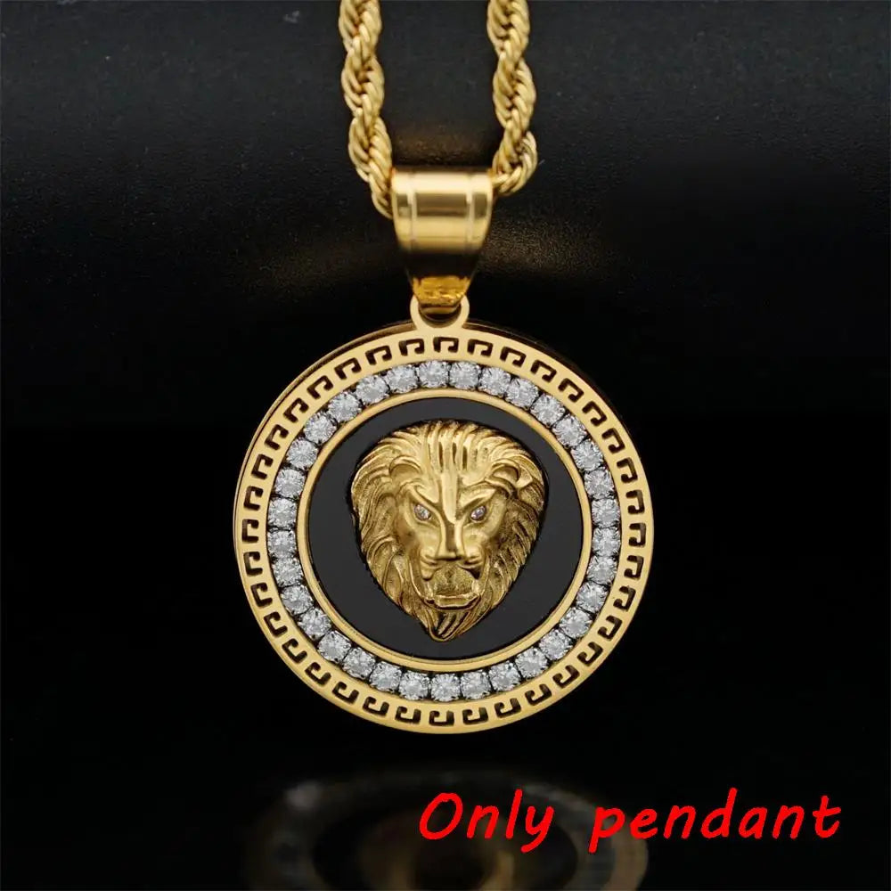 Hip Hop Gold Color Plated Iced Out Micro Pave Cubic Zircon Lion Head Pendant Necklace Charm For Men Jewelry Gifts
