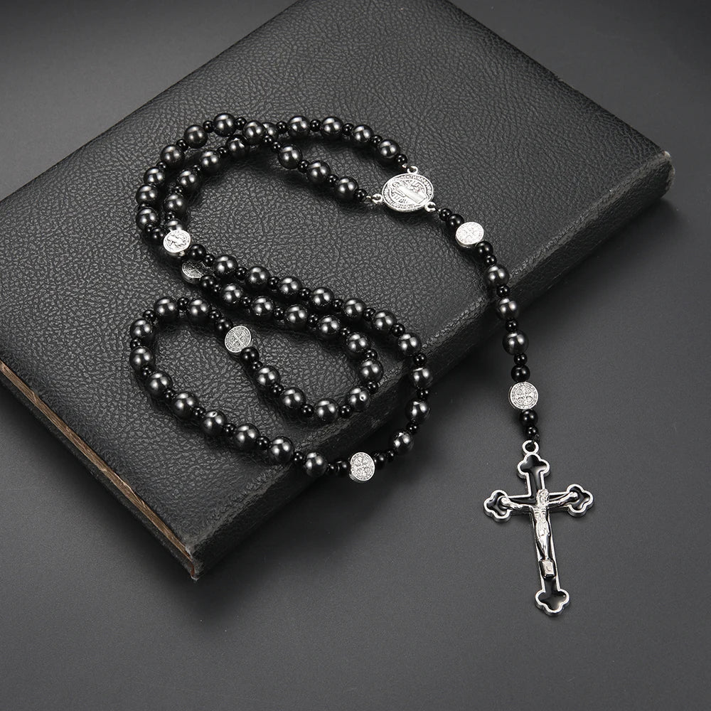 Fashion Classic Black Hematite Round Beads St. Benedict Cross Pendant Necklace for Men and Women