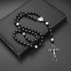 Fashion Classic Black Hematite Round Beads St. Benedict Cross Pendant Necklace for Men and Women