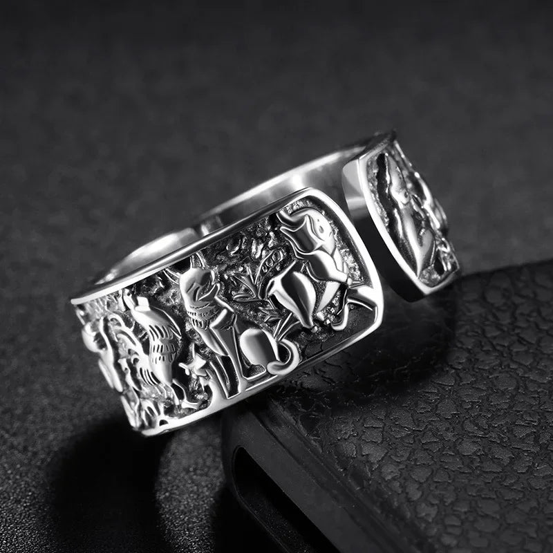 Stereoscopic Embossed Design Zodiac Mens Rings Retro Opening Adjustable Wide Ring New 925 Silver Manly Handsome Banquet Jewelry