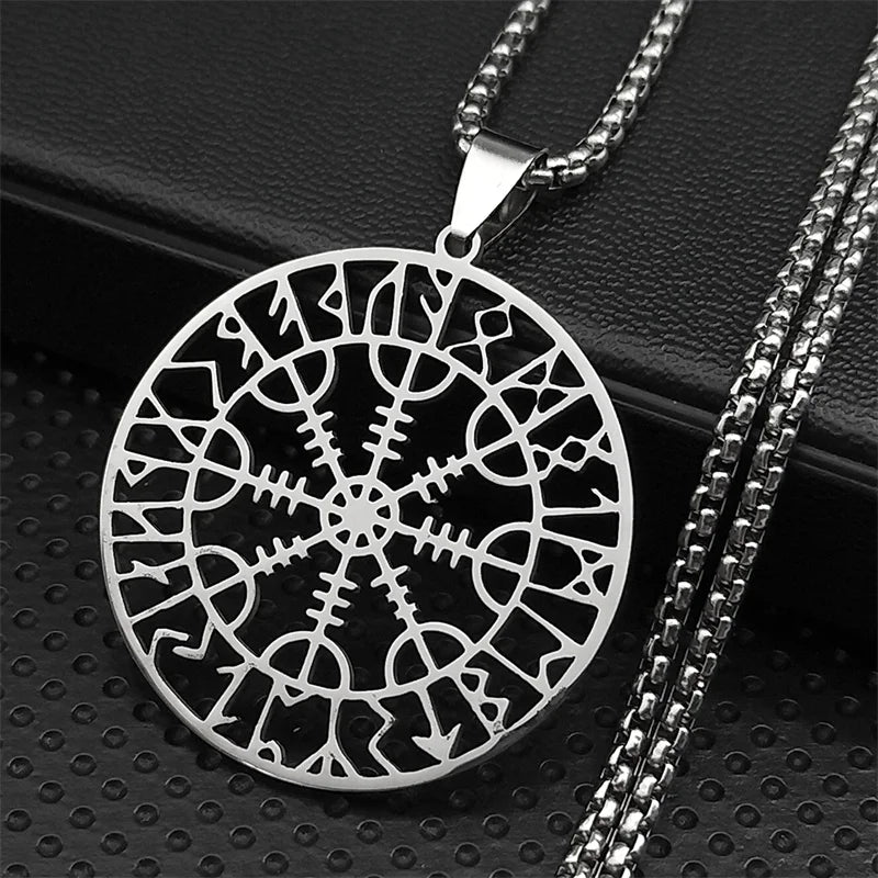 Viking Compass Helm Rune Amulet Necklace Silver Color Stainless Steel Symbol of Protection Necklace Pagan Jewelry