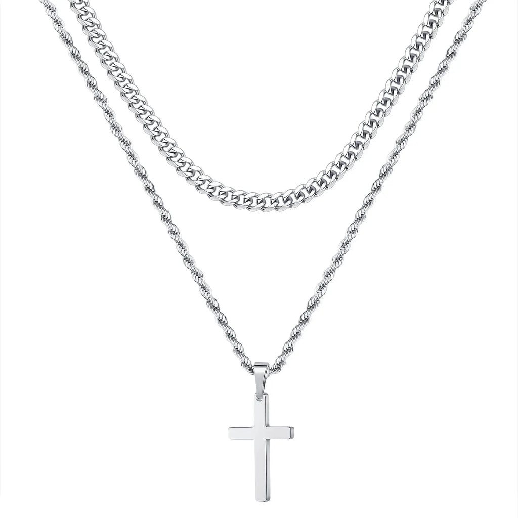Cross Two-Tone Pendant Double Chain Necklace