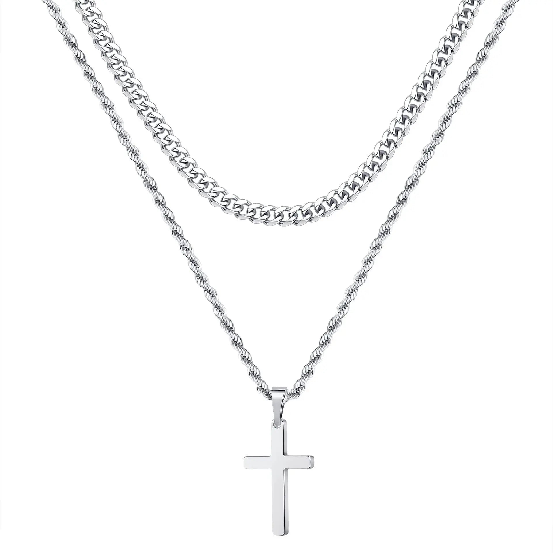 Cross Two-Tone Pendant Double Chain Necklace