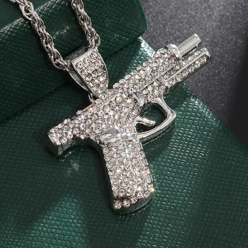Silver Iced Out Pistol Pendant Necklace