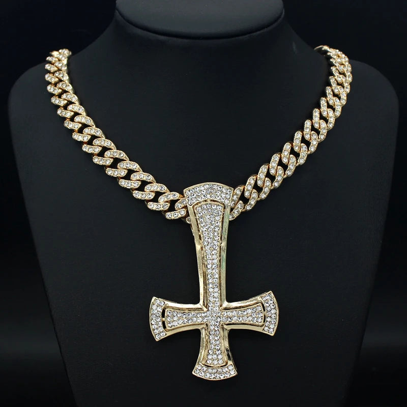 Iced Out Inverted Cross Pendant Necklace 11mm Miami Chain