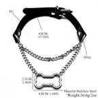 Gothic Bone Carabiner PU Leather Choker Double Silver Color Curb Chain Adjustable Rivet Neck Collar Punk Egirl Street