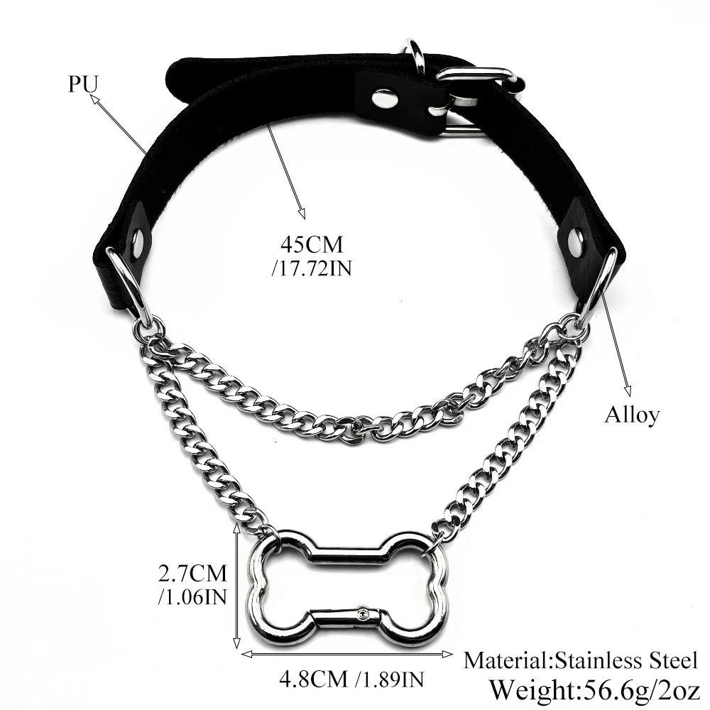 Gothic Bone Carabiner PU Leather Choker Double Silver Color Curb Chain Adjustable Rivet Neck Collar Punk Egirl Street