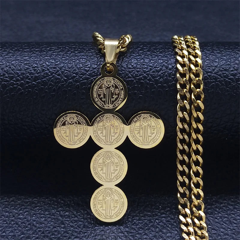 Saint Benedict Cross Pendant Necklace — Gold-Tone