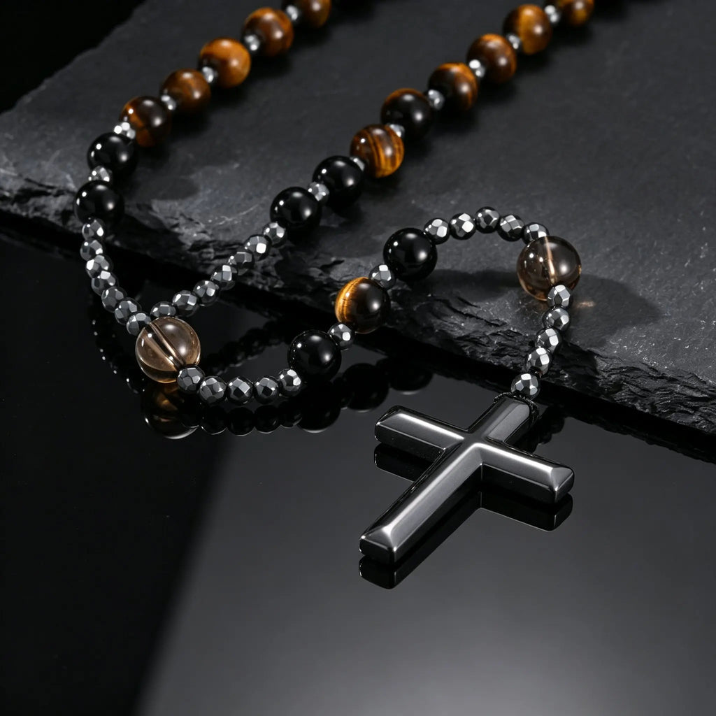 Natural Beaded Rosary Y Necklace for Men,Hematite Cross Pendant with Black Lava Tiger Eye Stone,Religious Prayer Jewelry
