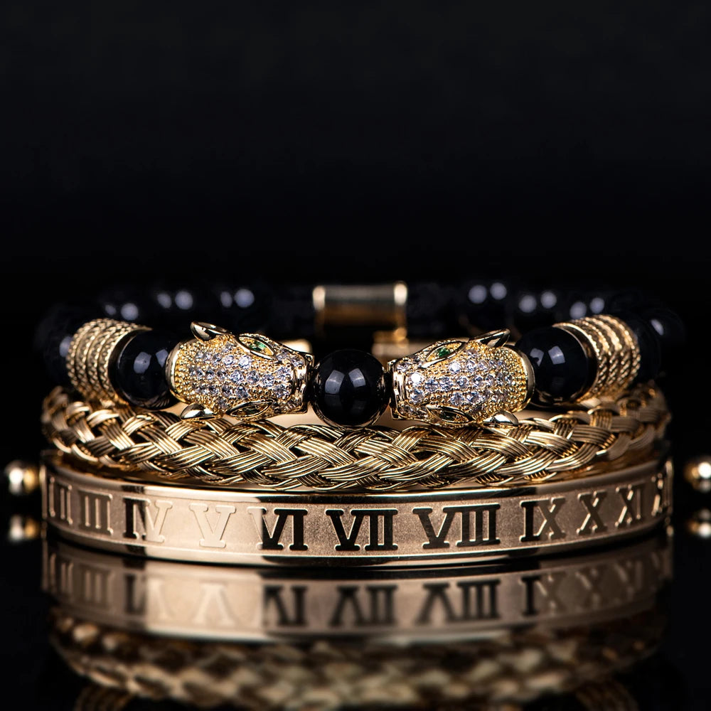 3PCS Mens Premium Black Agate Beaded Bracelet Set - Double Leopard Head, Roman Numerals, Adjustable Braided Design