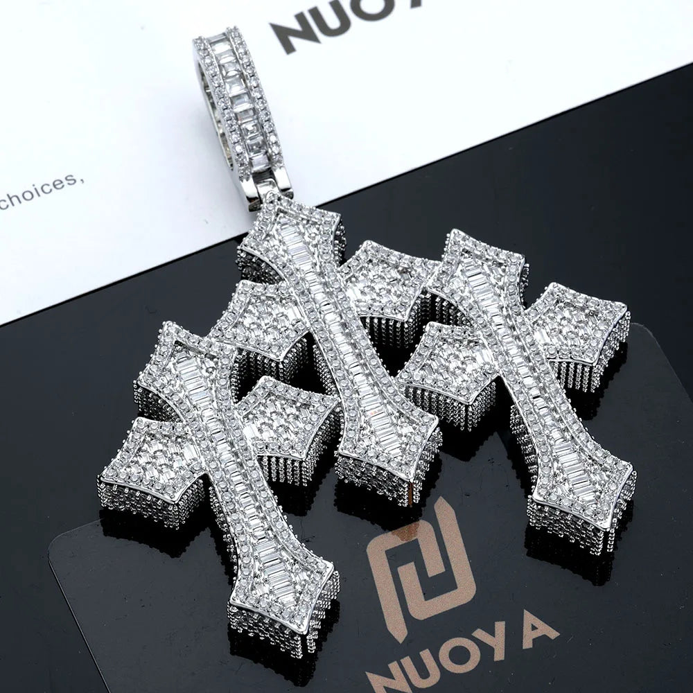 Cross Pendant Necklace Iced Out Three Baguette