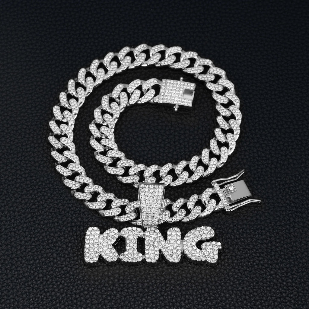 Men Hip Hop Bling KING Letter Pendant Necklace With Miami Cuban Link Chain Full Crystal  Necklaces Men Male Hiphop Charm Jewelry