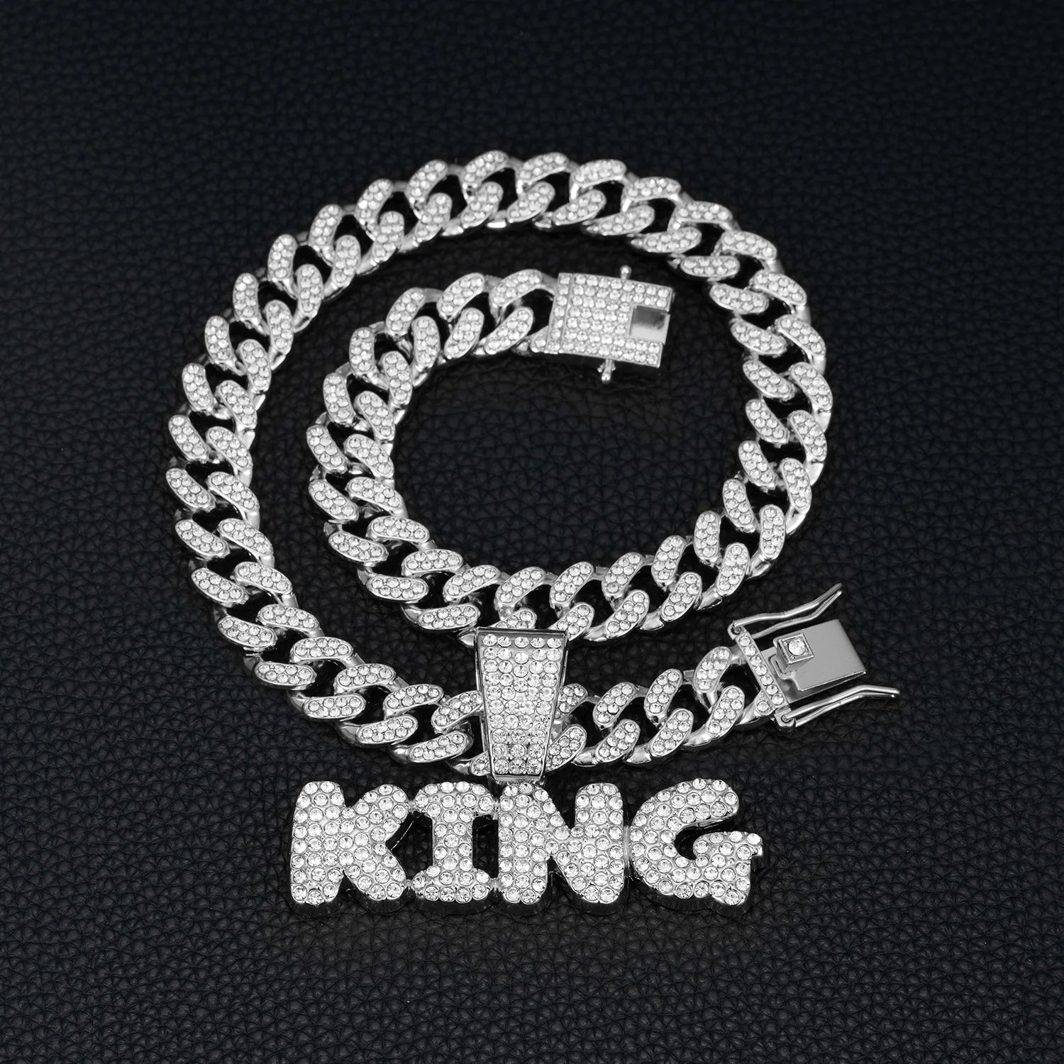 Men Hip Hop Bling KING Letter Pendant Necklace With Miami Cuban Link Chain Full Crystal  Necklaces Men Male Hiphop Charm Jewelry