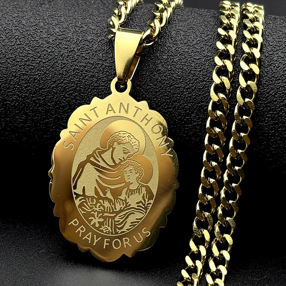 SAINT ANTHONY PRAY FOR US Stainless Steel Archangel Necklace Women/Men Silver Color Flower Necklaces Jewelry religieux