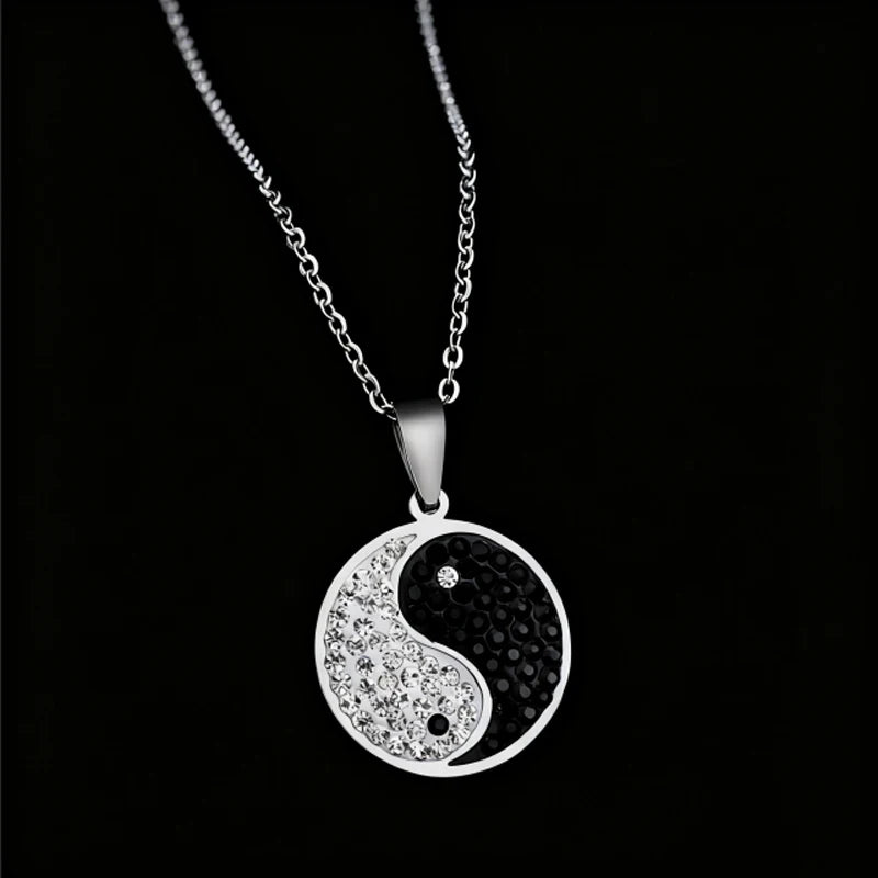 Trendy Black White Zircon Yin Yang Tai Chi Bagua Necklace For Women Men Stainless Steel Circle Pendant Jewelry Gifts