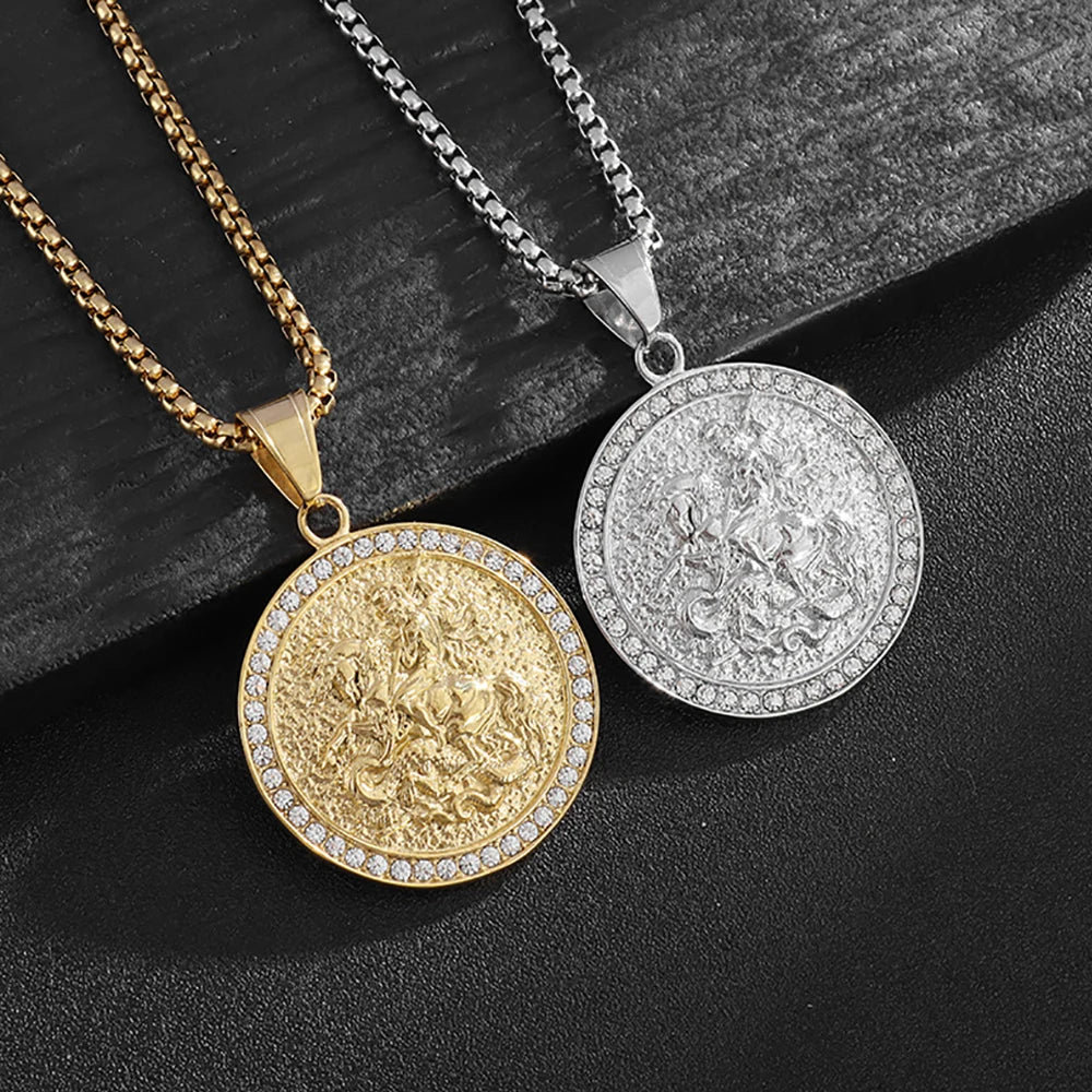 Saint George Slaying Dragon Pendant Necklace — Stainless Steel