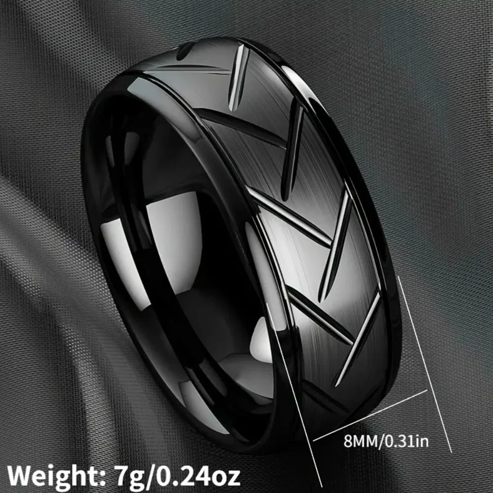 Black Multi-Faceted Groove Ring — Stainless Steel