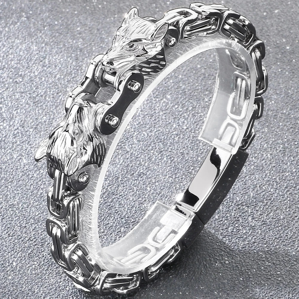Double Wolf Head Link Chain Bracelet for Man 316L Stainless Steel Biker Charm Bracelets Vintage Punk Motorcycle Viking