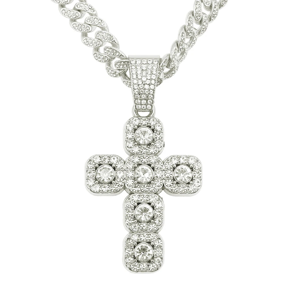 Iced Out Square Cross 13mm Cuban Chain Necklace — Zinc Alloy