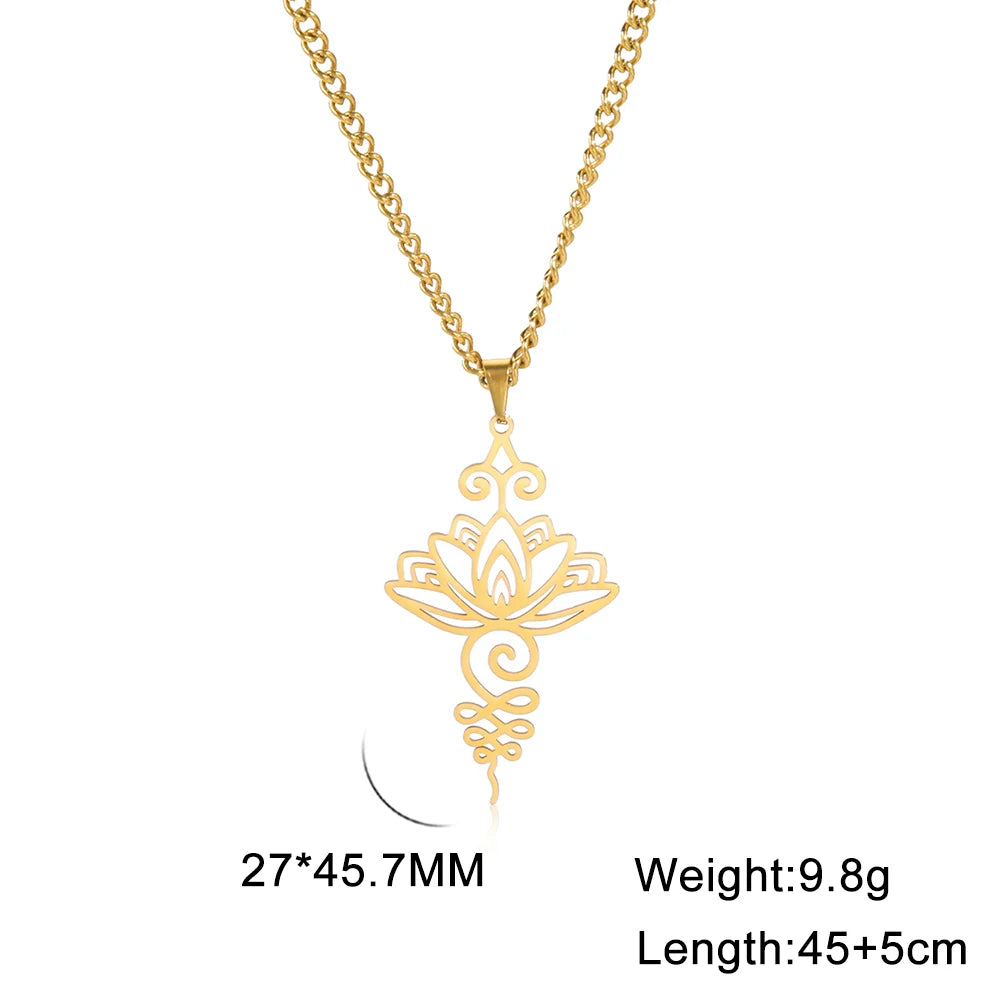Unalome Lotus Flower Pendant Necklace — Stainless Steel Chain