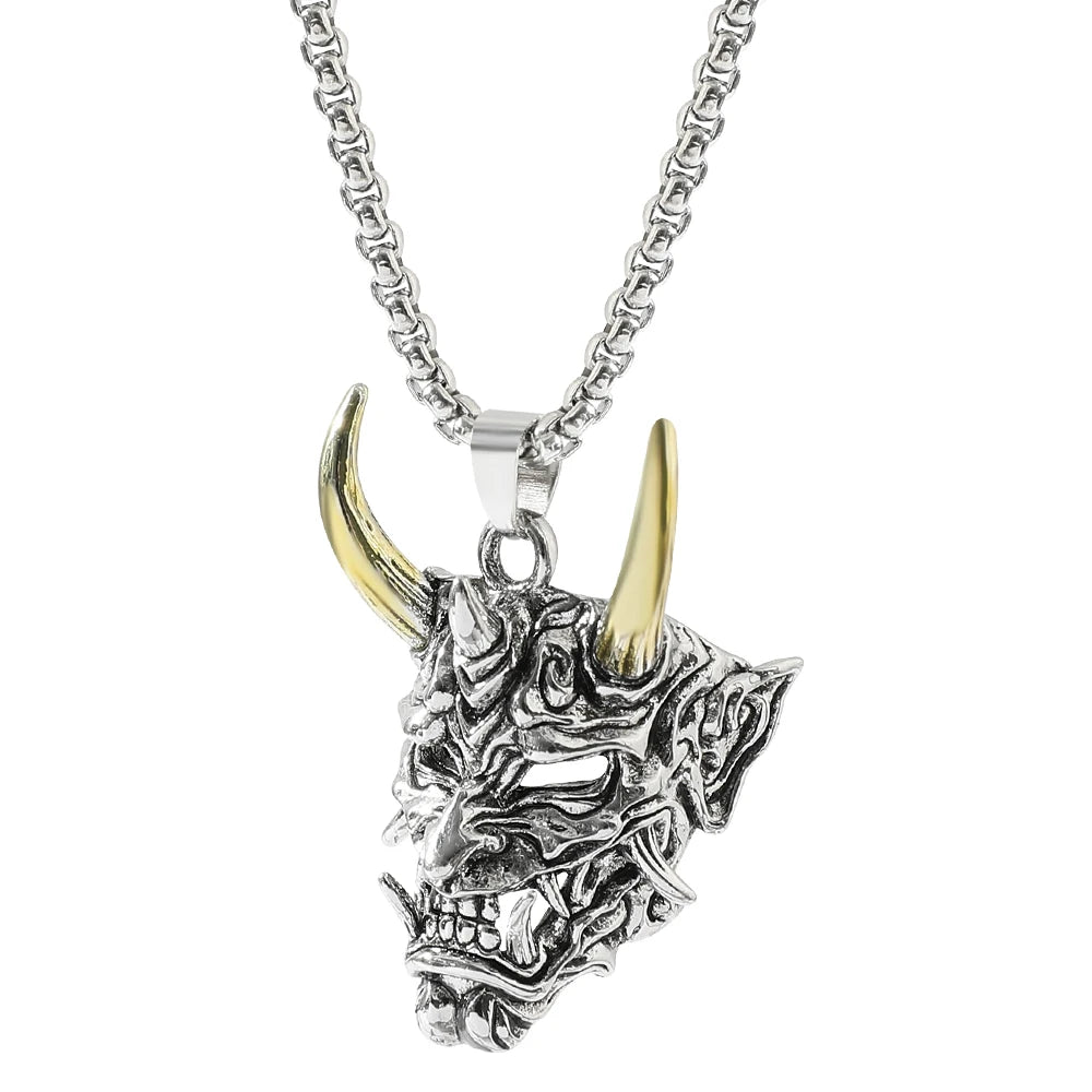 Handsome Rascal Ghost Mask Pendant Necklace Gold & Silver Color Horn Bull King Design Fashion Jewelry for Men And Women