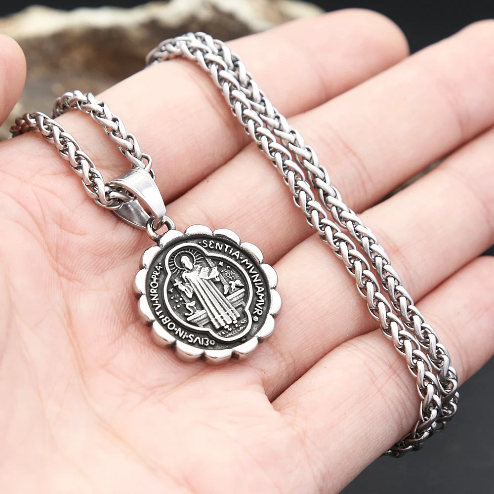 Cross Saint Benedict Steel Pendant Vintage Catholic