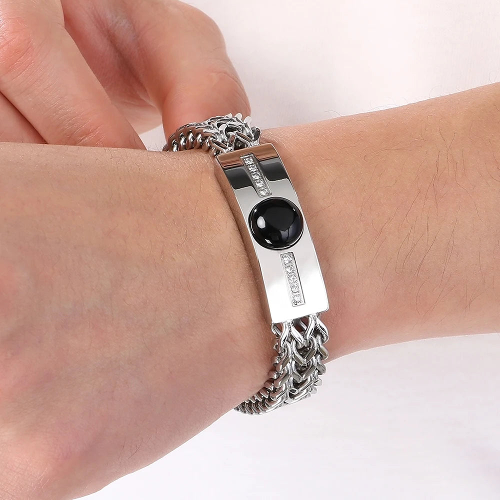 Vintage Stainless Steel Men's Curved Bracelet Natural Stone & Shiny CZ Inlaid Bracelets for Man Fashion Male Hand