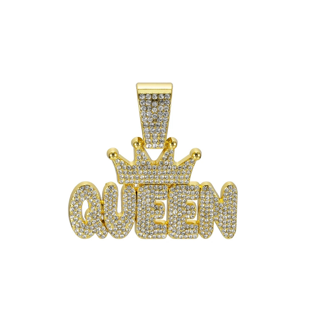 Men's Hip Hop Crown with QUEEN Letter Pendant Necklace For Women Crystal Cuban Chain Iced Out Bling Necklaces Rock