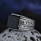 Fashion 2024 New 316L Stainless Steel Polished Pattern Ring Black Zircon Vintage  Jewelry For Couple Gift Good Detail