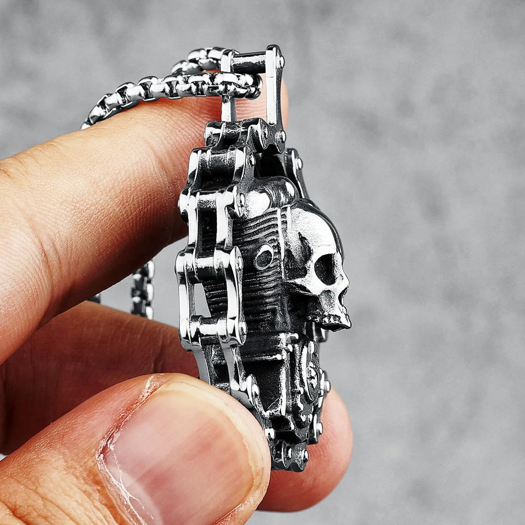Retro Skull Engine Necklace Chain Machine 316L Stainless Steel Men Skeleton Pendant Rock Punk for Male Biker Rider