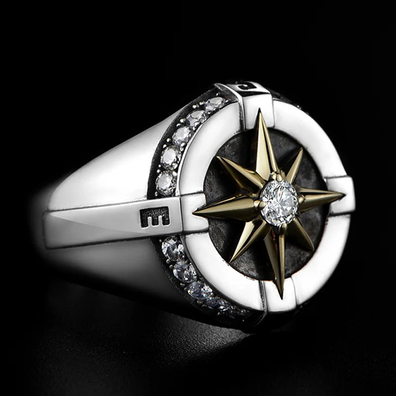 Retro Eight Awn Star Compass Ring Punk Gothic Adjustable Open Ring For Men Copper Jewelry Biker Accessories Creative Man Gift