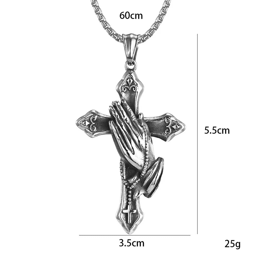 Stainless Steel Cross Praying Hands Pendant Necklace