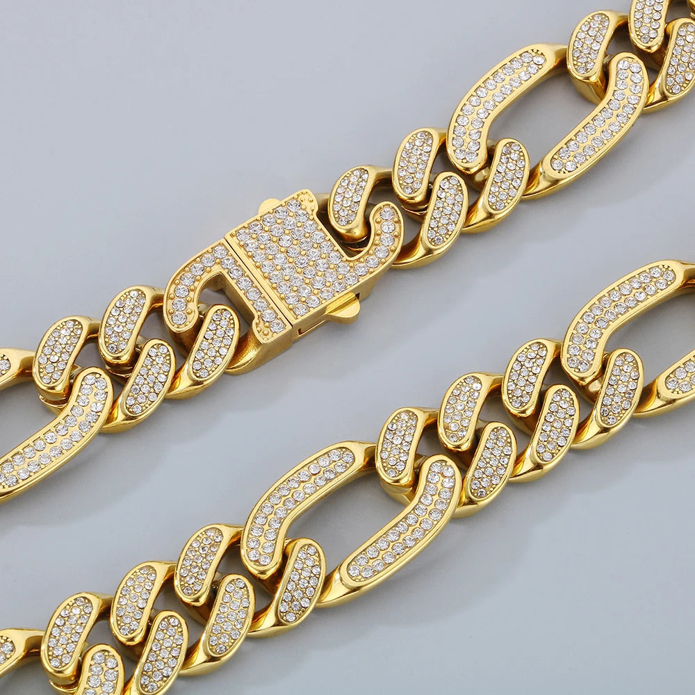 Hip-Hop Jewelry CZ Cuban Chain Man Bracelet Necklace Set Luxury Gold Color 60CM Long Stainless Steel Men's Necklace &