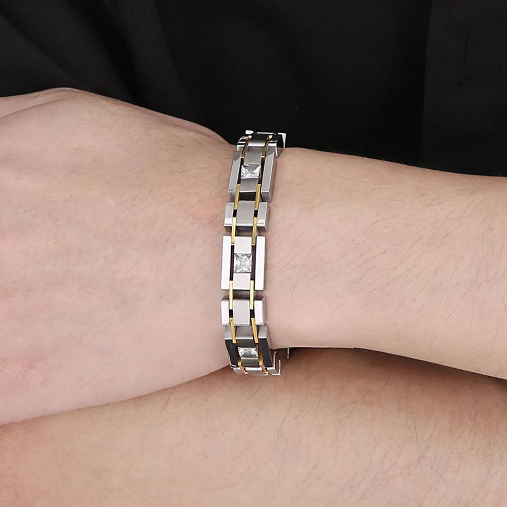 Casting Stainless Steel Man Bracelet Two Tone 12MM Link Chain Men's Bracelets Bangles With CZ Wrist Jewelry Boys