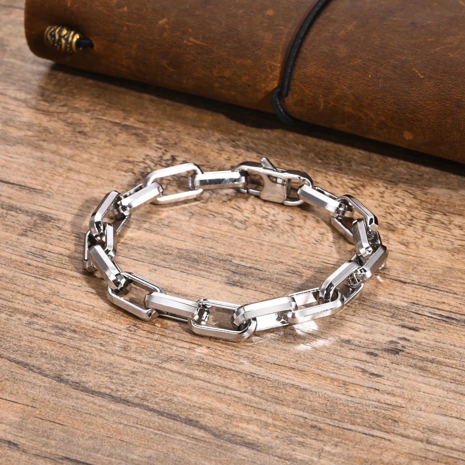Silver Rectangle Chain Bracelet — Stainless Steel
