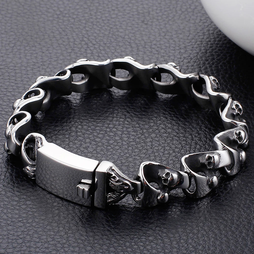 Punk Rock Man Bracelet Stainless Steel Wide Skull Head Link Chain Bracelets for Men Gothic Men's Bikers' Jewelry