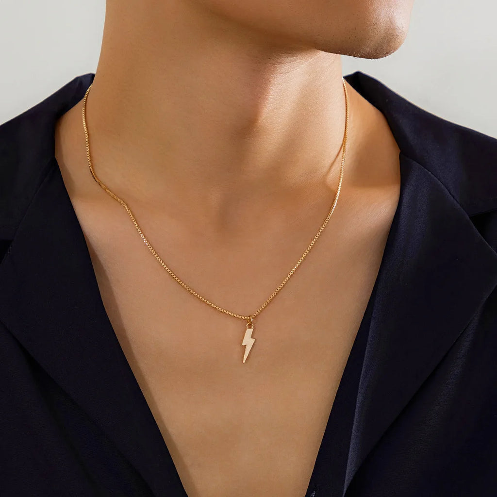 KunJoe Punk Metal Geometry Lightning Pendant Necklace for Men Simple Silver Color Box Chain Choker Necklace Hip Hop